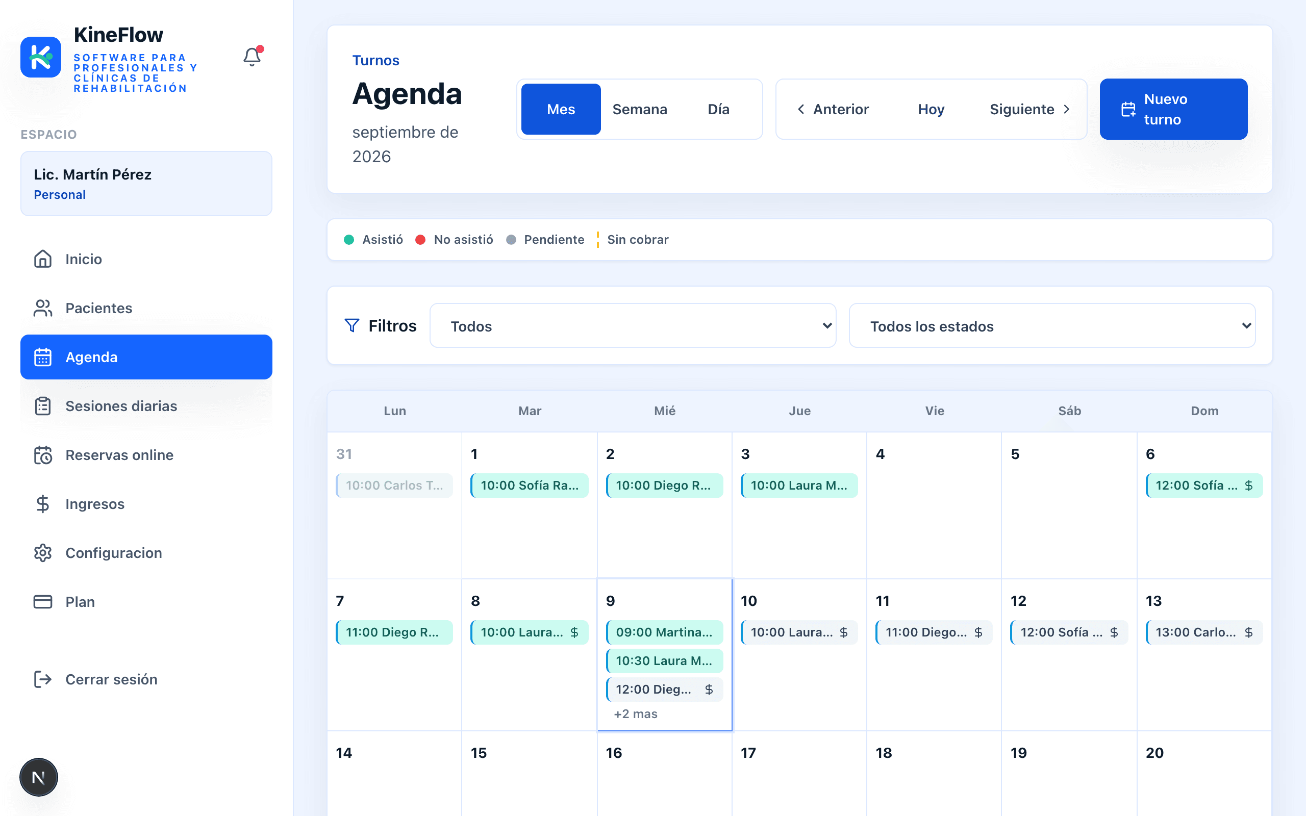 Captura de pantalla de la Agenda de KineFlow, con los turnos del mes organizados por día
