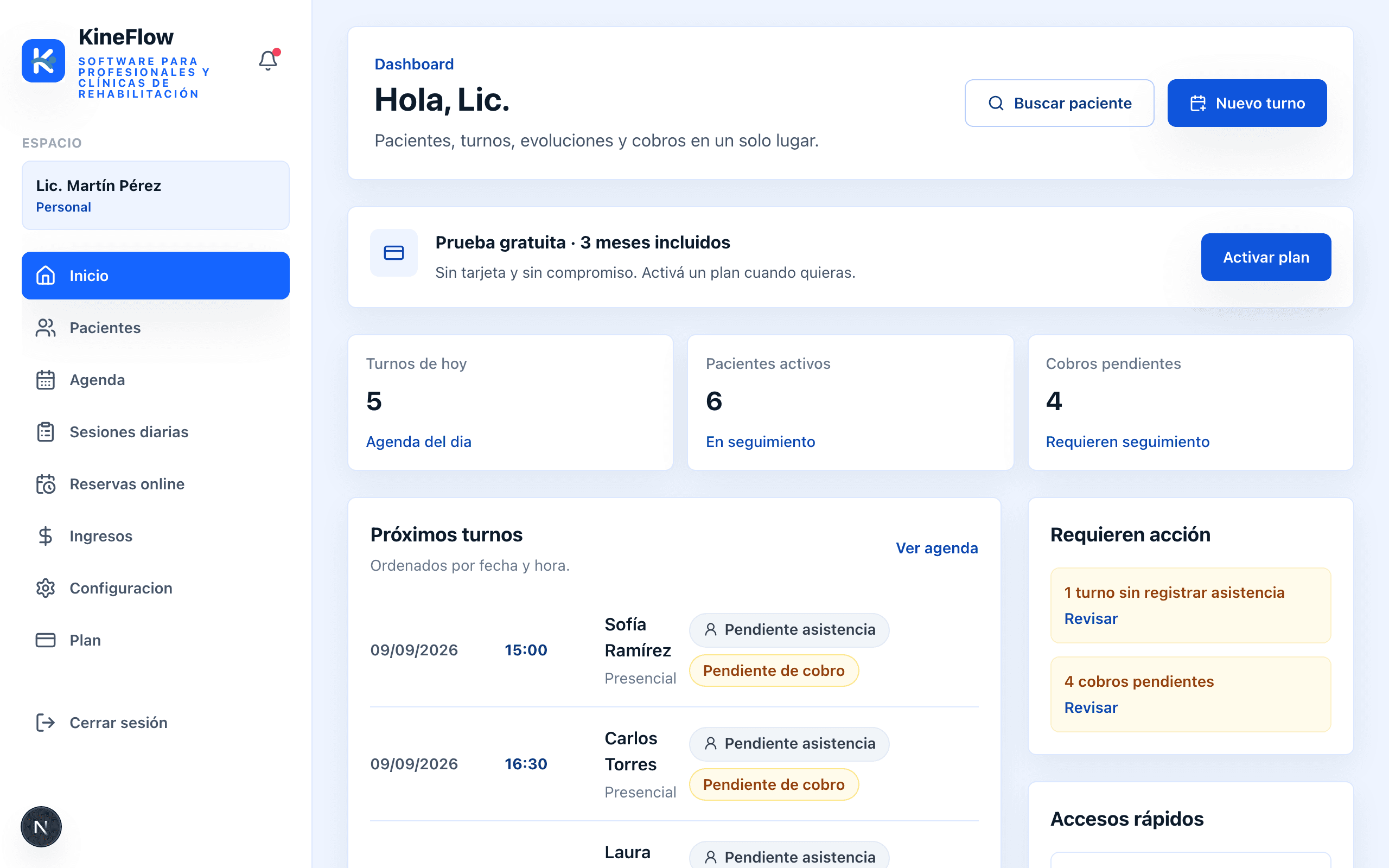 Captura del Dashboard de KineFlow, con turnos de hoy, pacientes activos y cobros pendientes